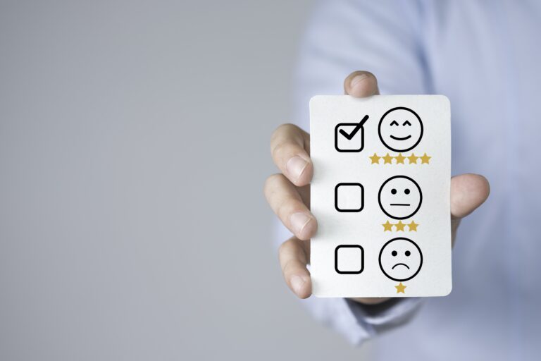 businessman holding product service evaluation sheet customer satisfaction concept min