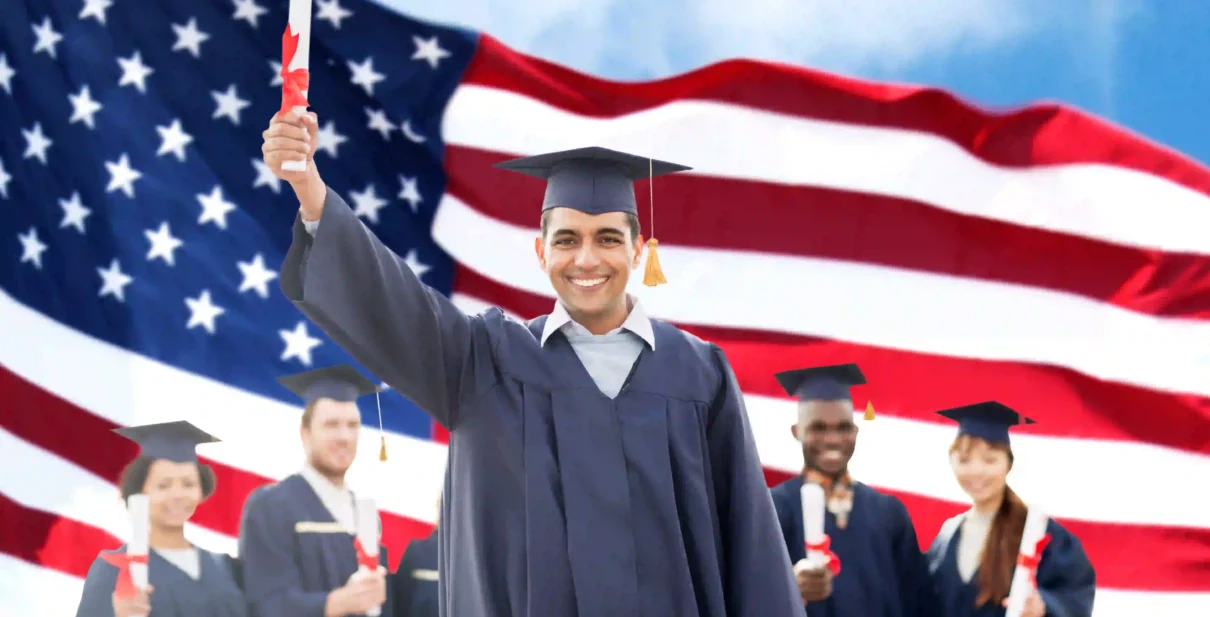 education graduation people concept group happy international students mortarboards bachelor gowns with diplomas american flag background 1 1