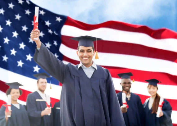 education graduation people concept group happy international students mortarboards bachelor gowns with diplomas american flag background 1 1