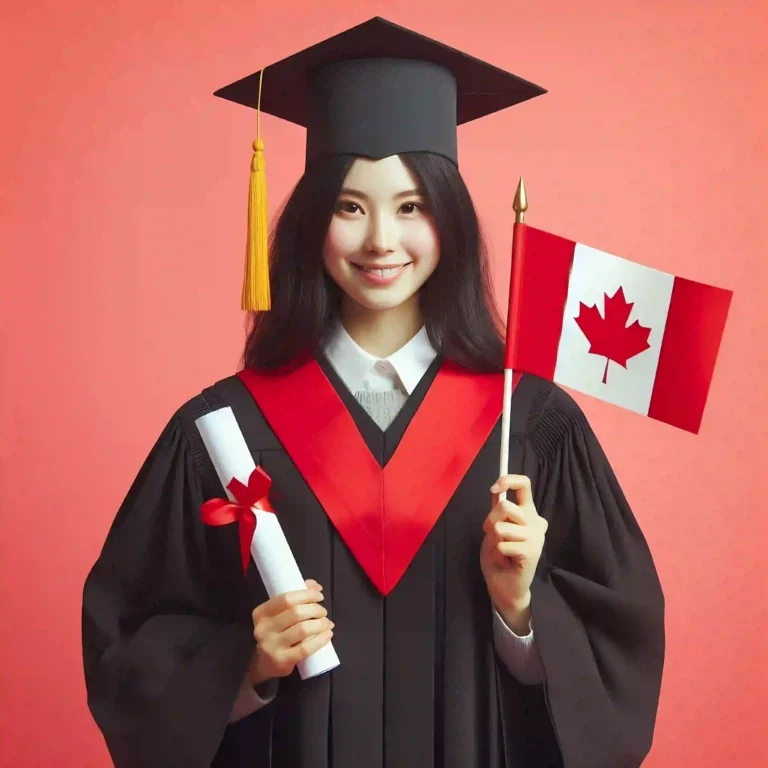 female student sitting with laptop cheering with canadian flag